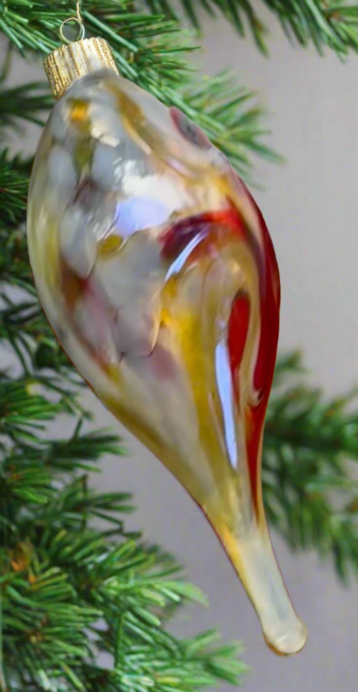 Handblown Glass Ornament in Red Gold and White